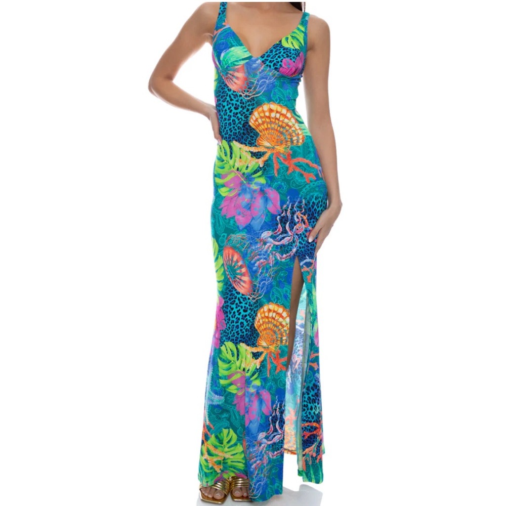 NWT Luli Fama tropical siren plunging maxi dress mermaid tropical style